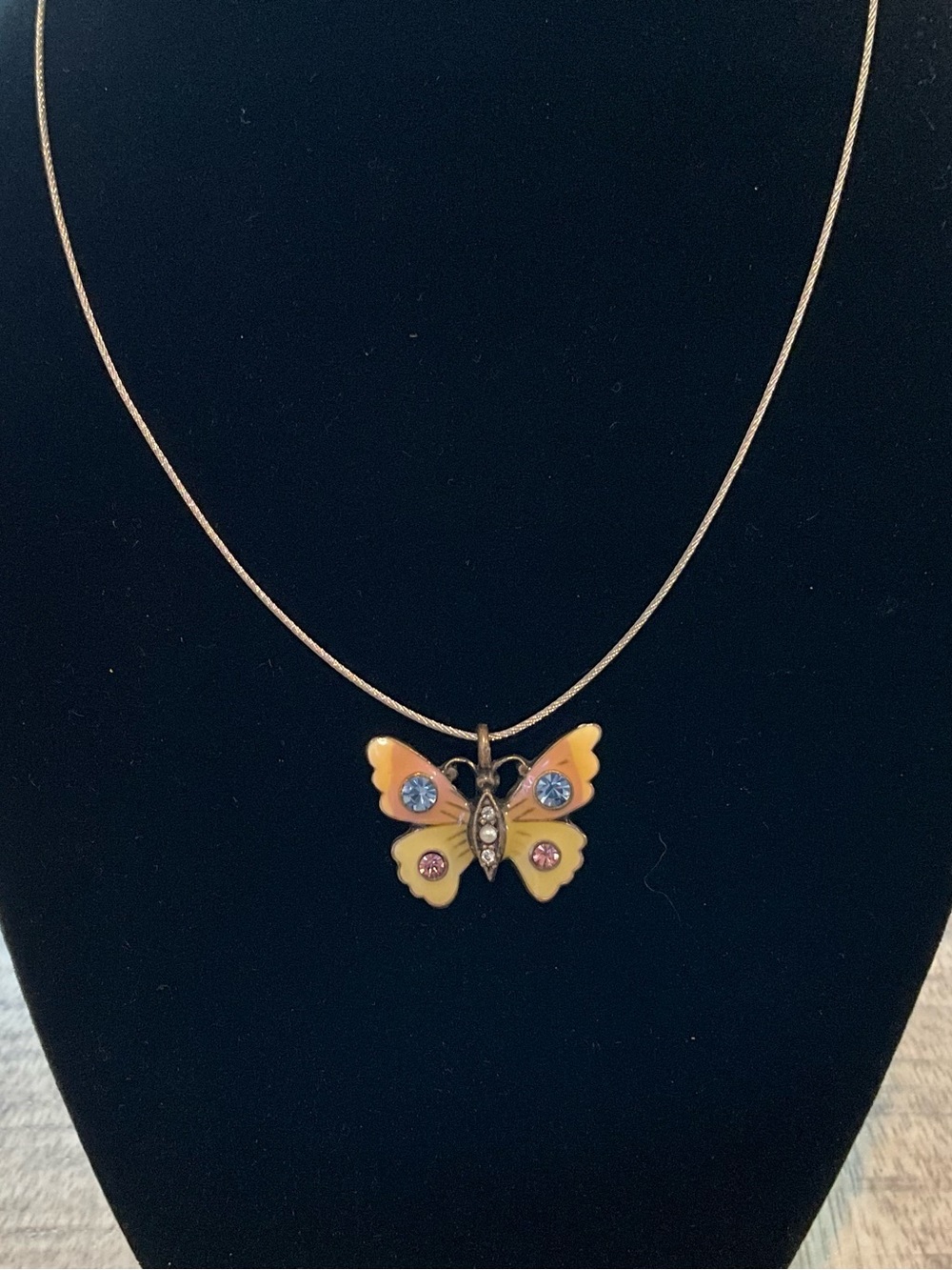 Yellow Butterfly Pendant Necklace with Blue & Pink Crystal Accents